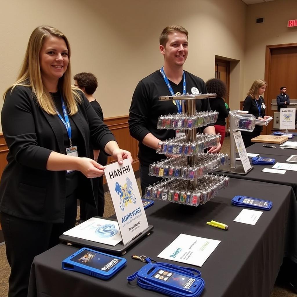 Event staff distributing lanyards from a stand.