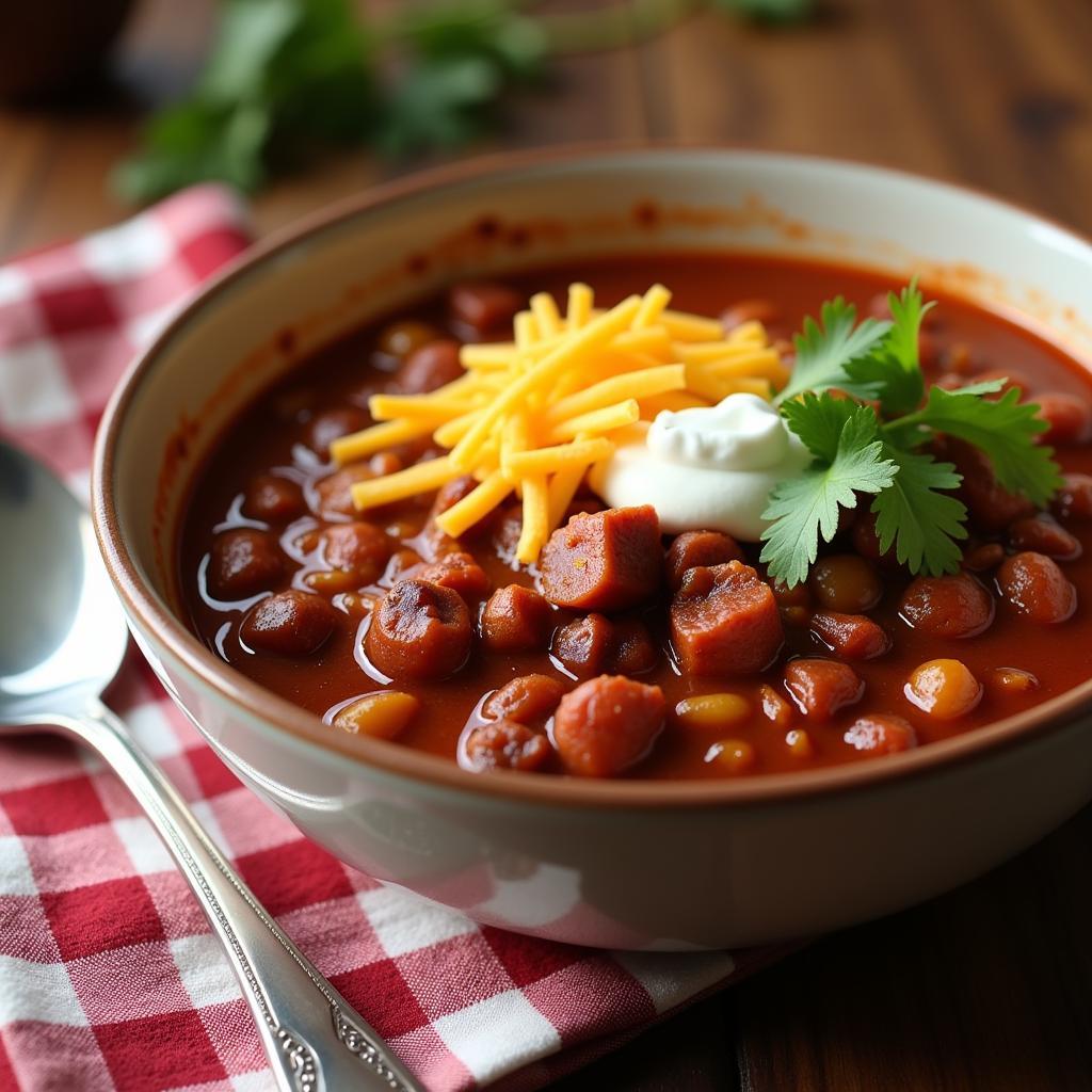 A hearty bowl of chili topped with cheese and herbs.