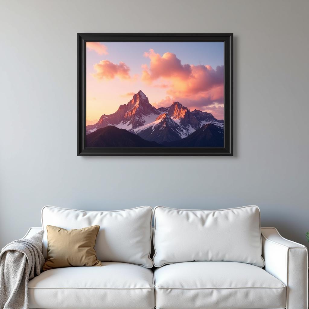 A large picture frame measuring 27x40 inches is displayed prominently on a wall, showcasing a captivating landscape photograph.