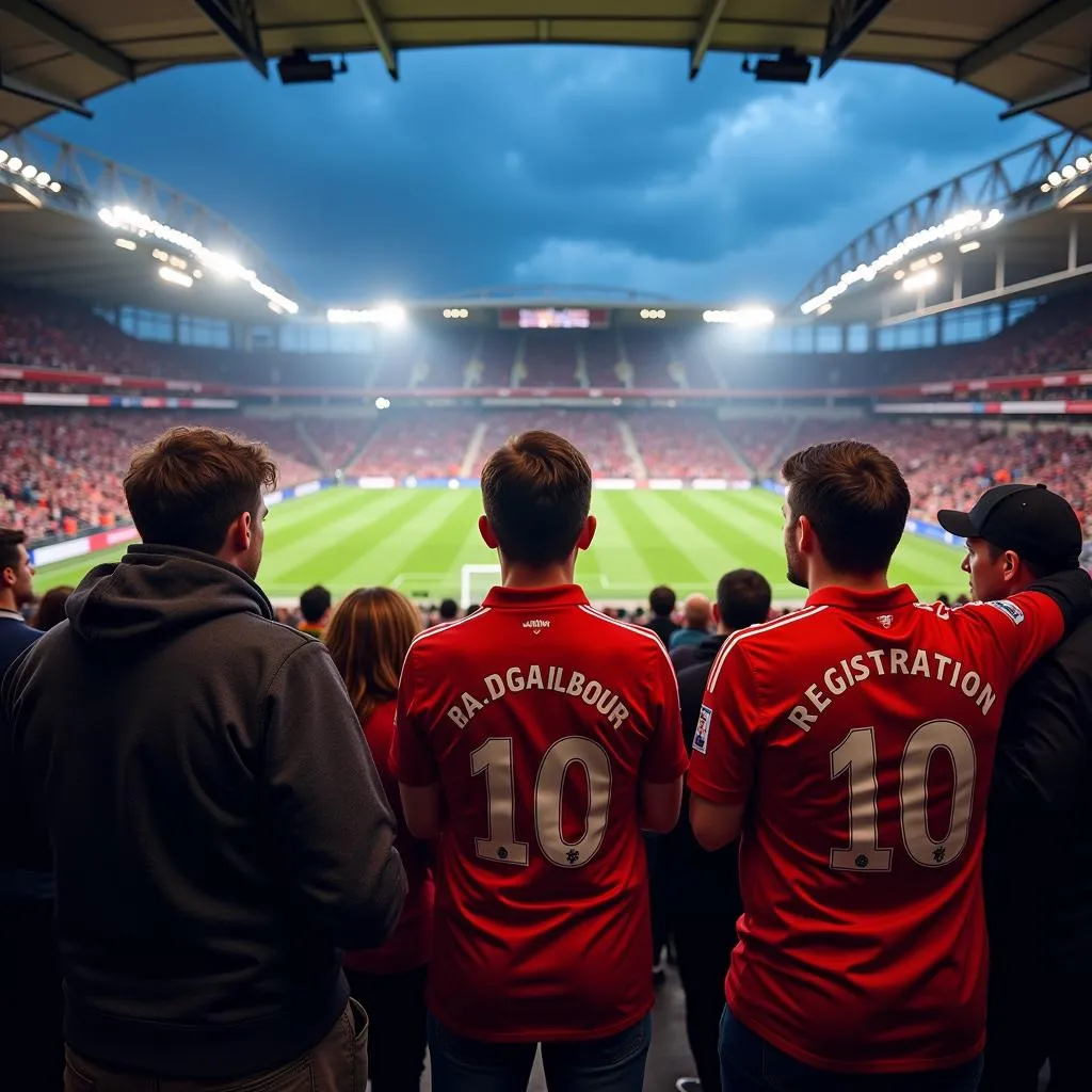 Fans wearing late registration football tour shirts at a match