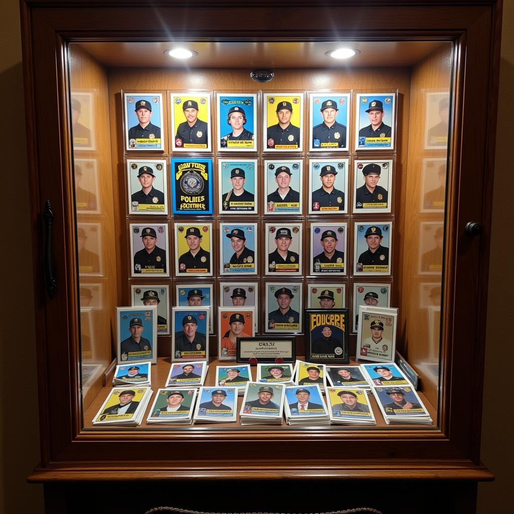 Law enforcement baseball cards displayed in a protective case