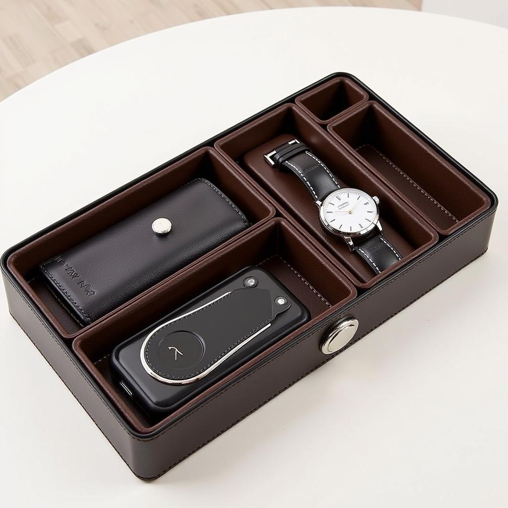 Leather night stand valet with a watch, phone, and wallet neatly arranged.