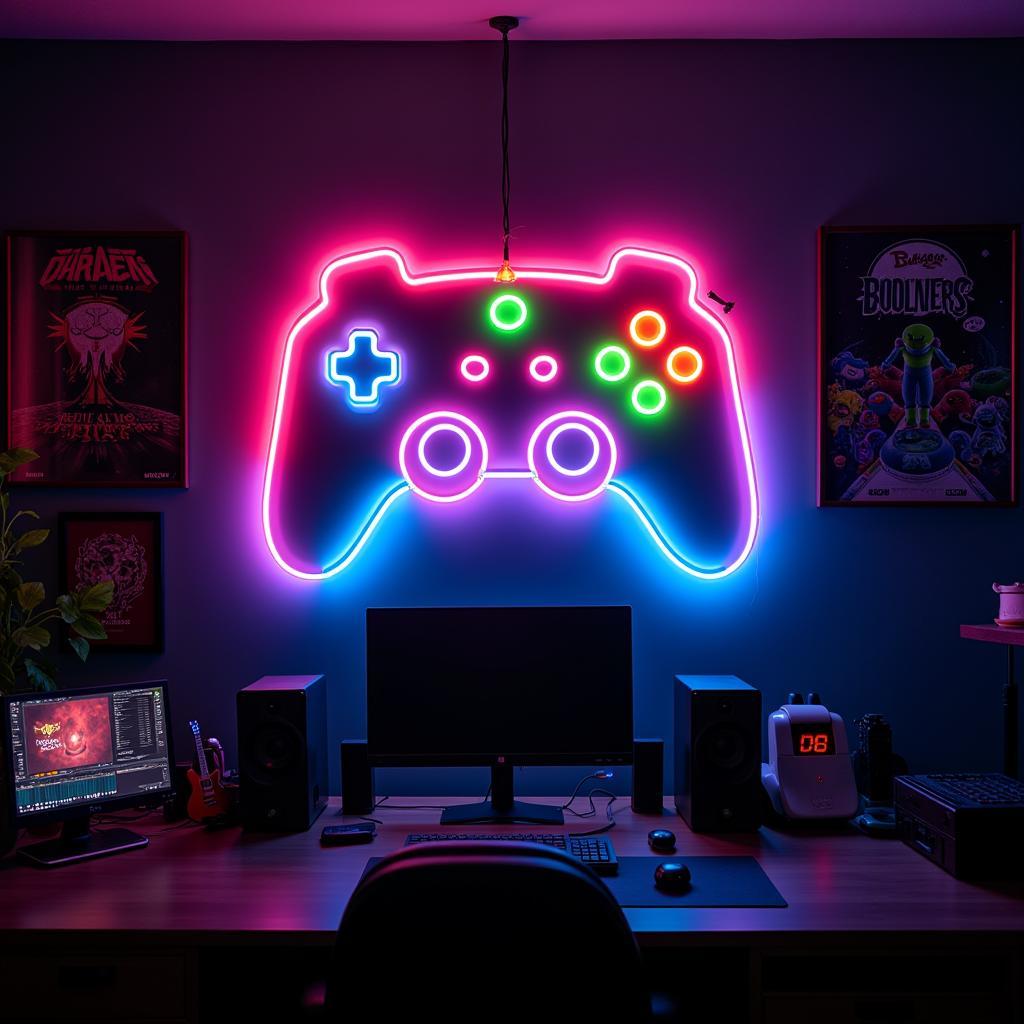 Neon LED sign illuminating a game room