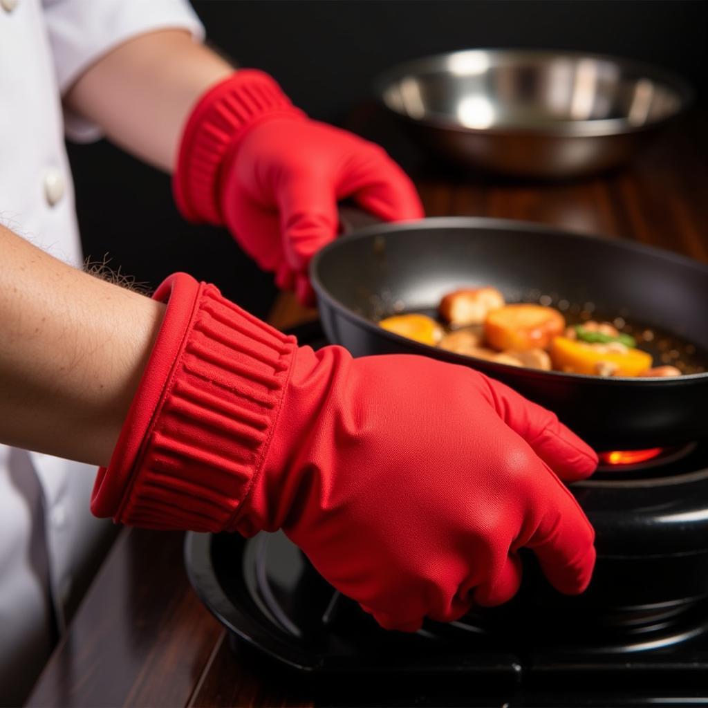 Chef using left handed oven mitt