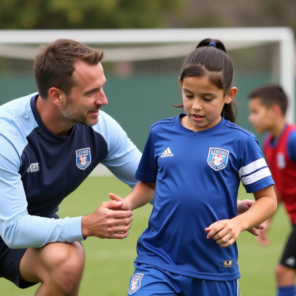 Coach mentoring young soccer player at Legends Soccer San Diego