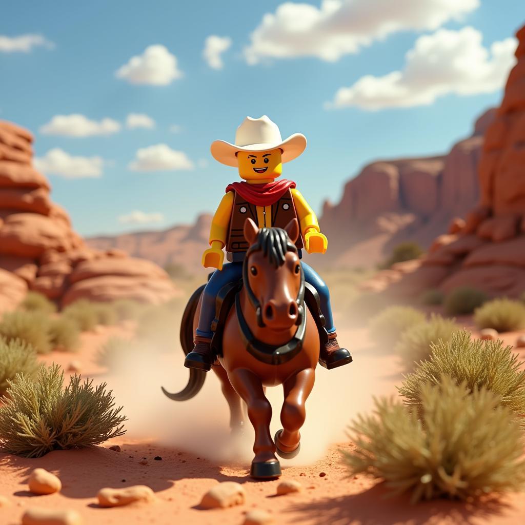 Lego cowboy minifigure riding a horse through a desert scene