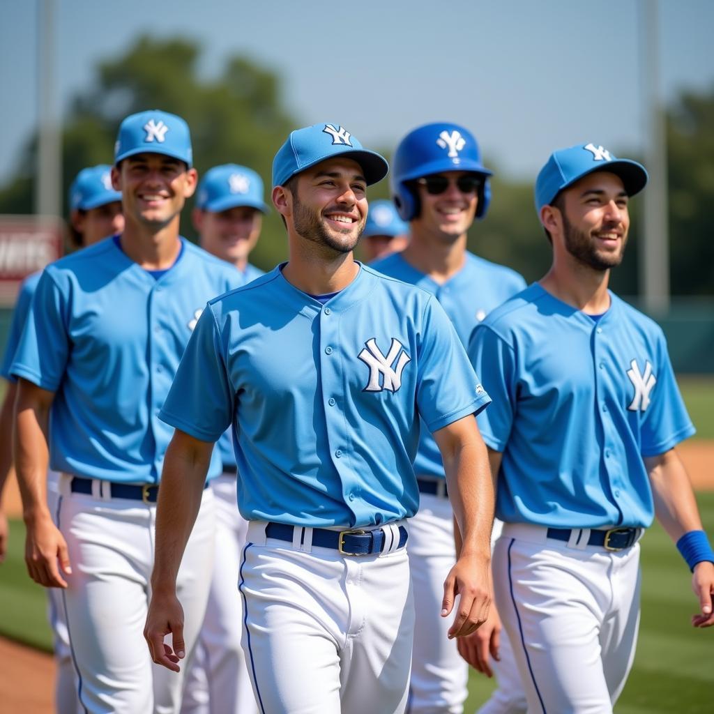 Players in light blue baseball uniforms feeling confident