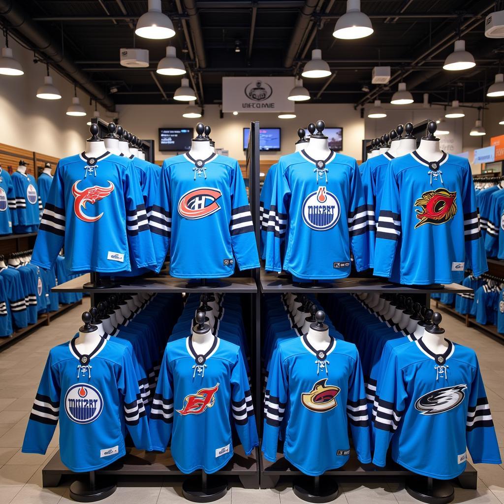 Light blue hockey jerseys on display in a sports store