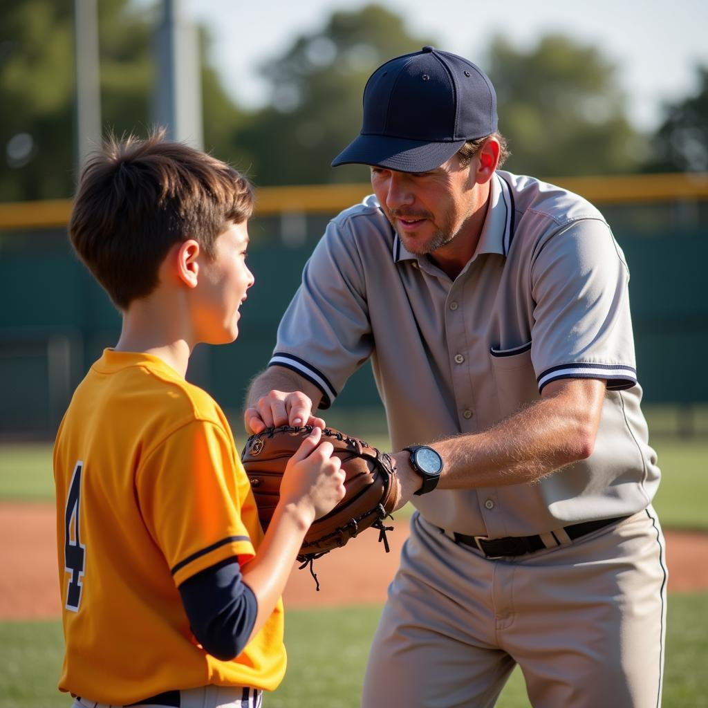 Coach providing guidance to a Little League player