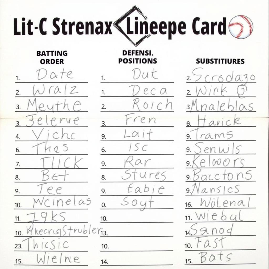 Example of a Filled-Out Little League Lineup Card