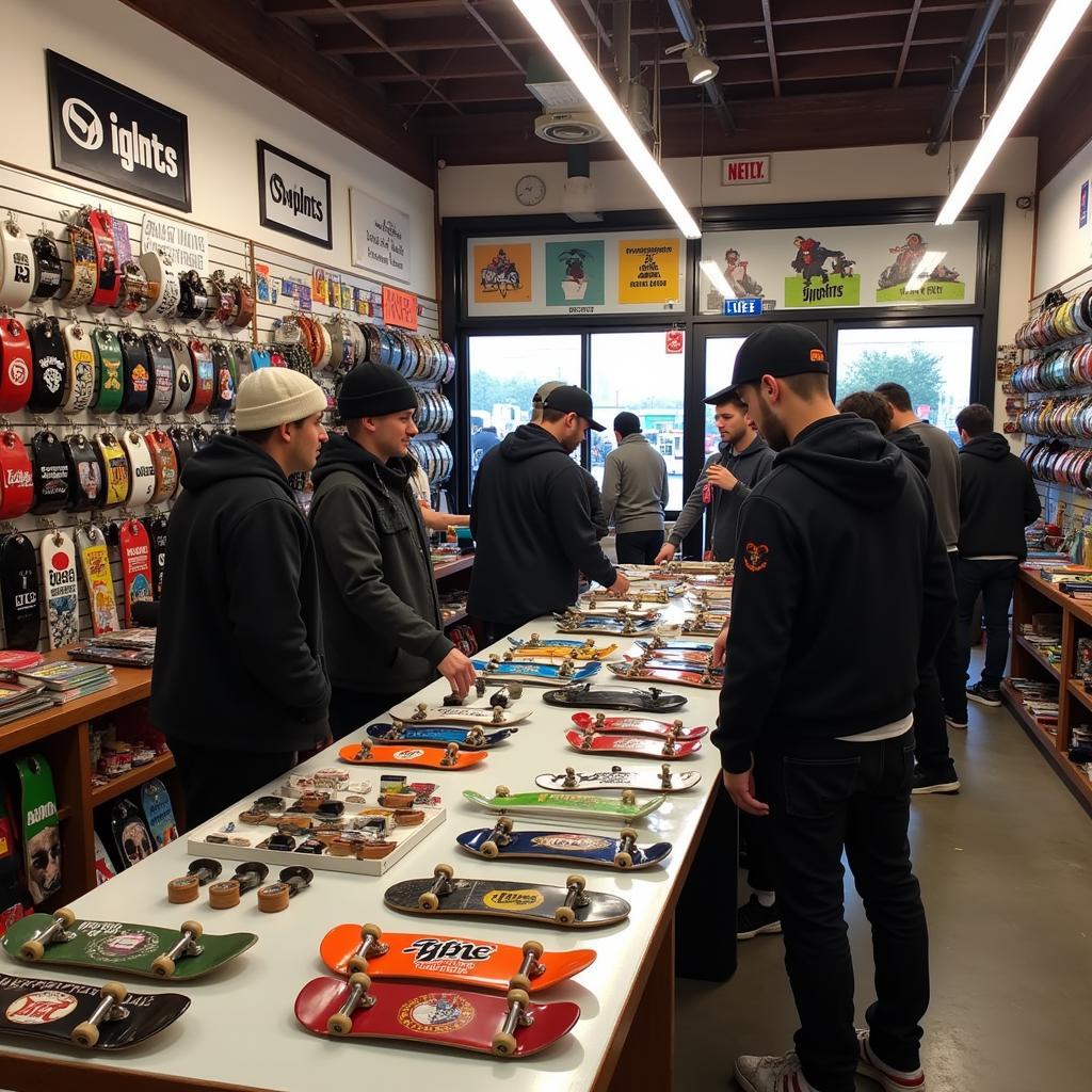 A bustling local skate shop filled with skaters