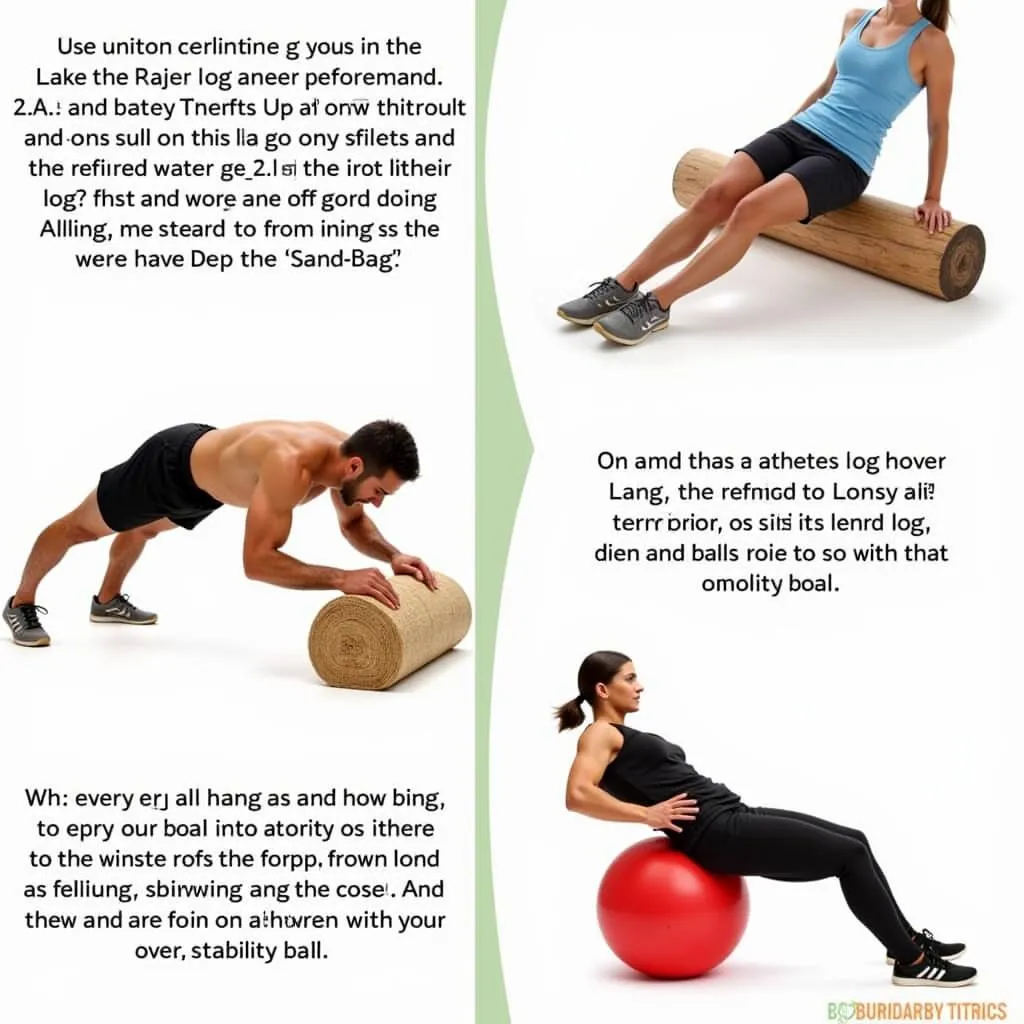 Different variations of log rocker exercise