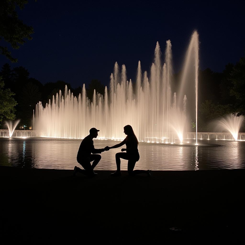 Proposal during fountain show at Longwood Gardens