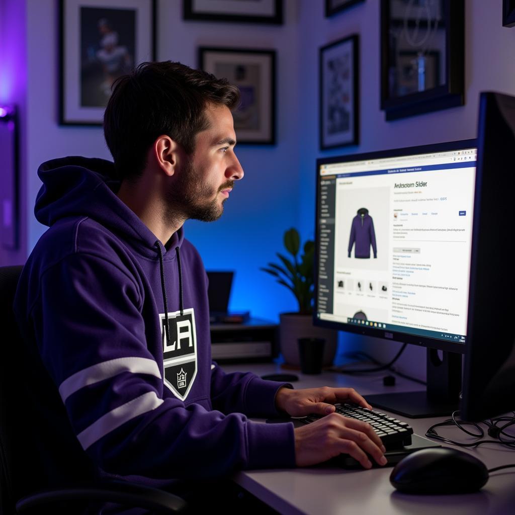 Los Angeles Kings fan carefully examining auction items online.