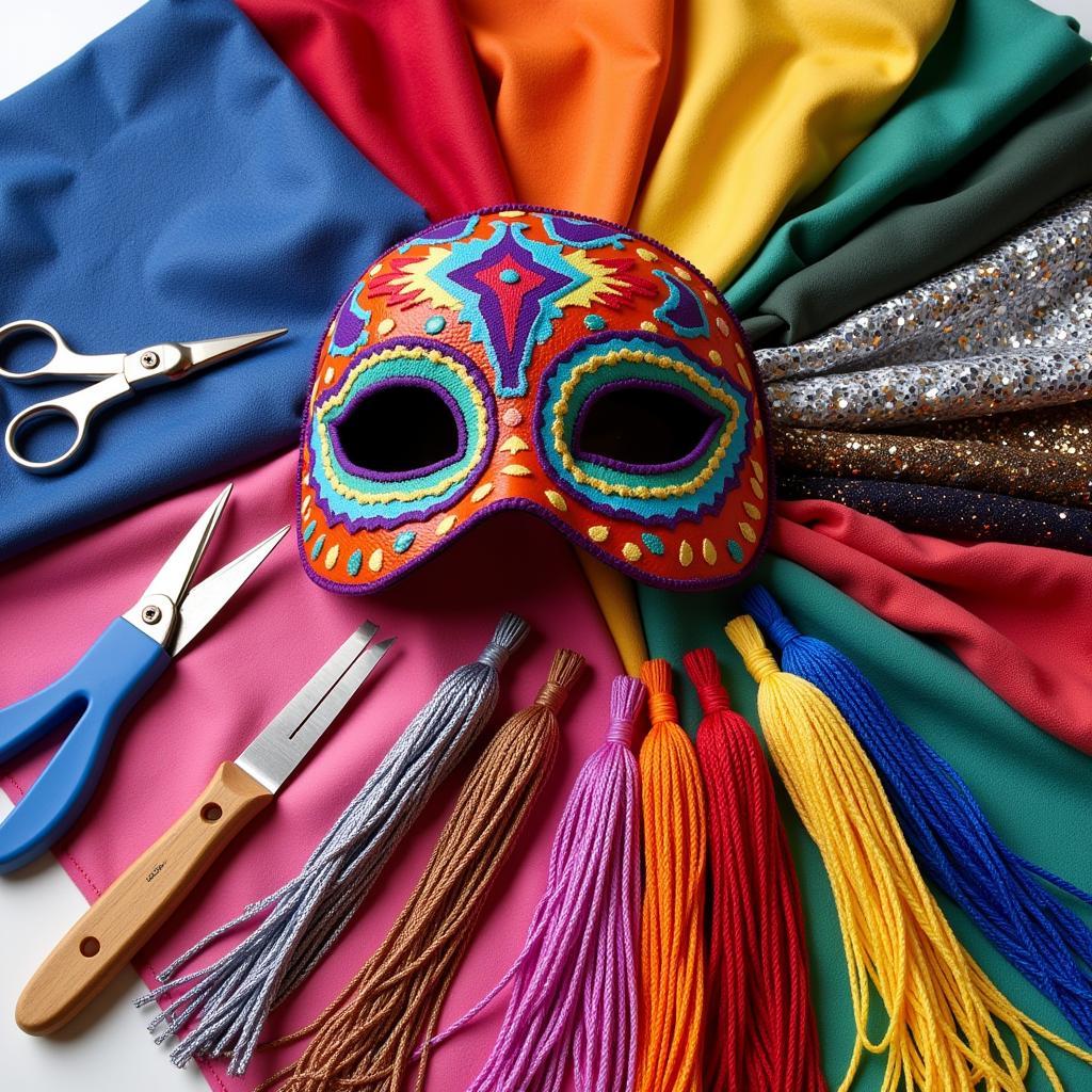 A table showcasing the various materials used in crafting a luchador mask, including leather, fabrics, and embellishments.