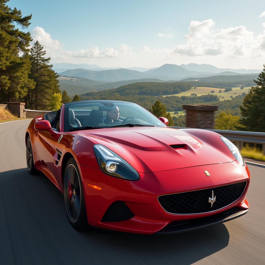 Red luxury sports car speeding down a winding road surrounded by lush greenery.