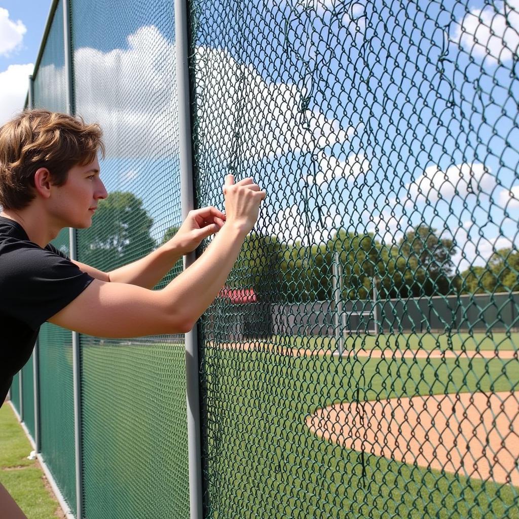 A person cleaning and inspecting a batting cage net for any damages