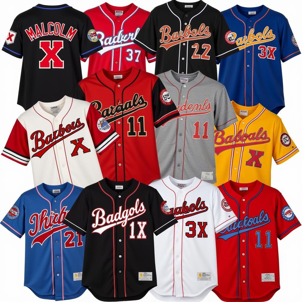 A collection of Malcolm X baseball jerseys in various styles and colors.