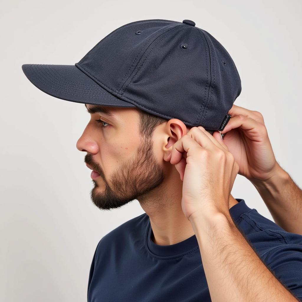 A man adjusting his short billed cap for a comfortable fit