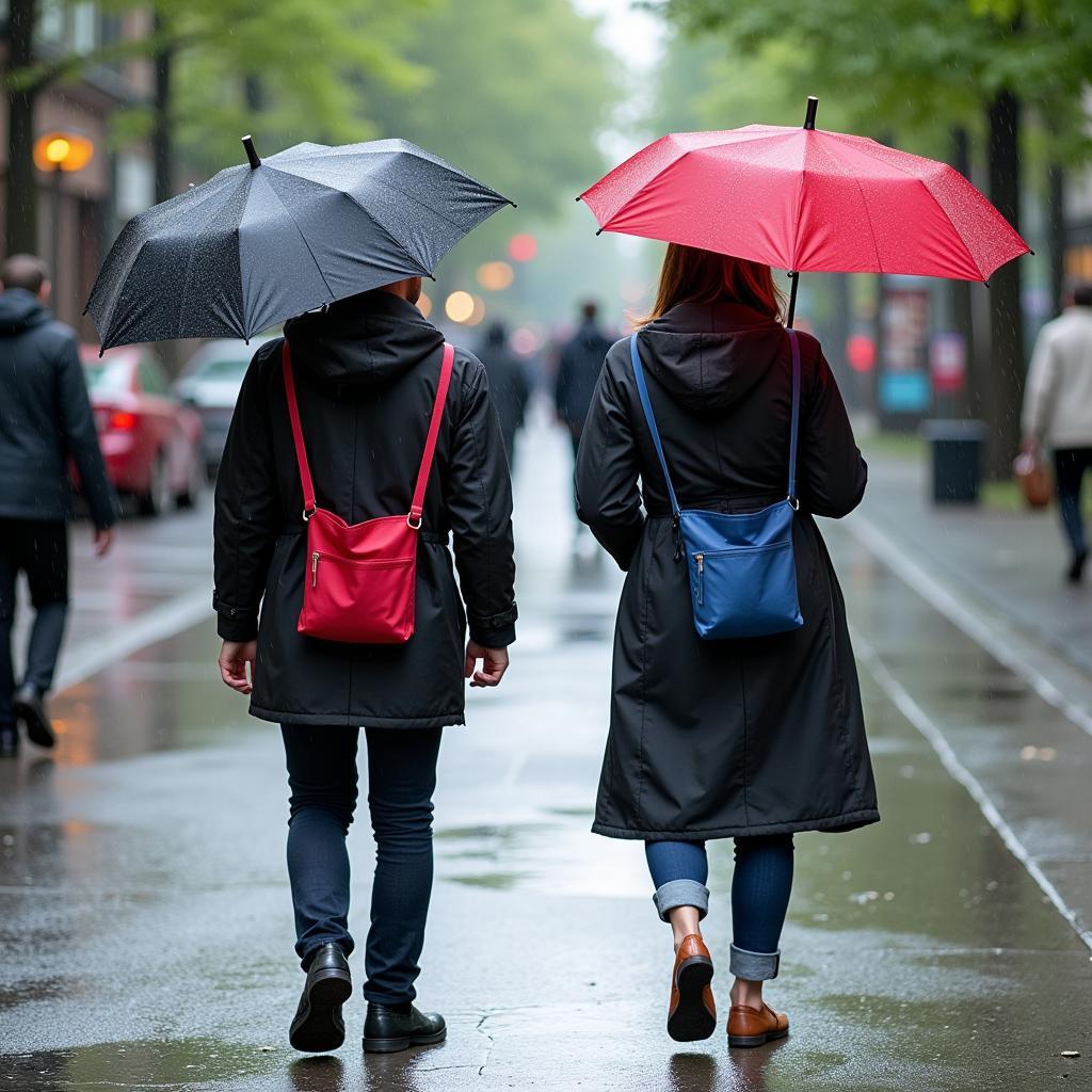 A man and a woman walking in the rain, each using a pocket umbrella