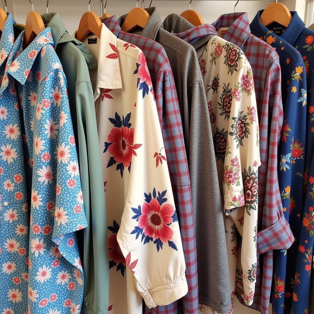 A man browsing through a rack of vintage Hawaiian shirts in a vintage clothing store.