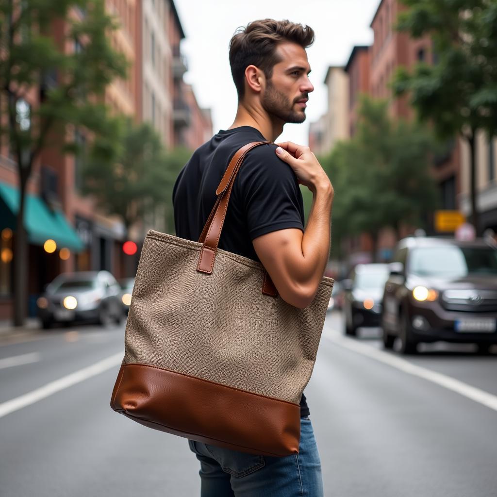 Man Carrying a Carpet Tote Bag