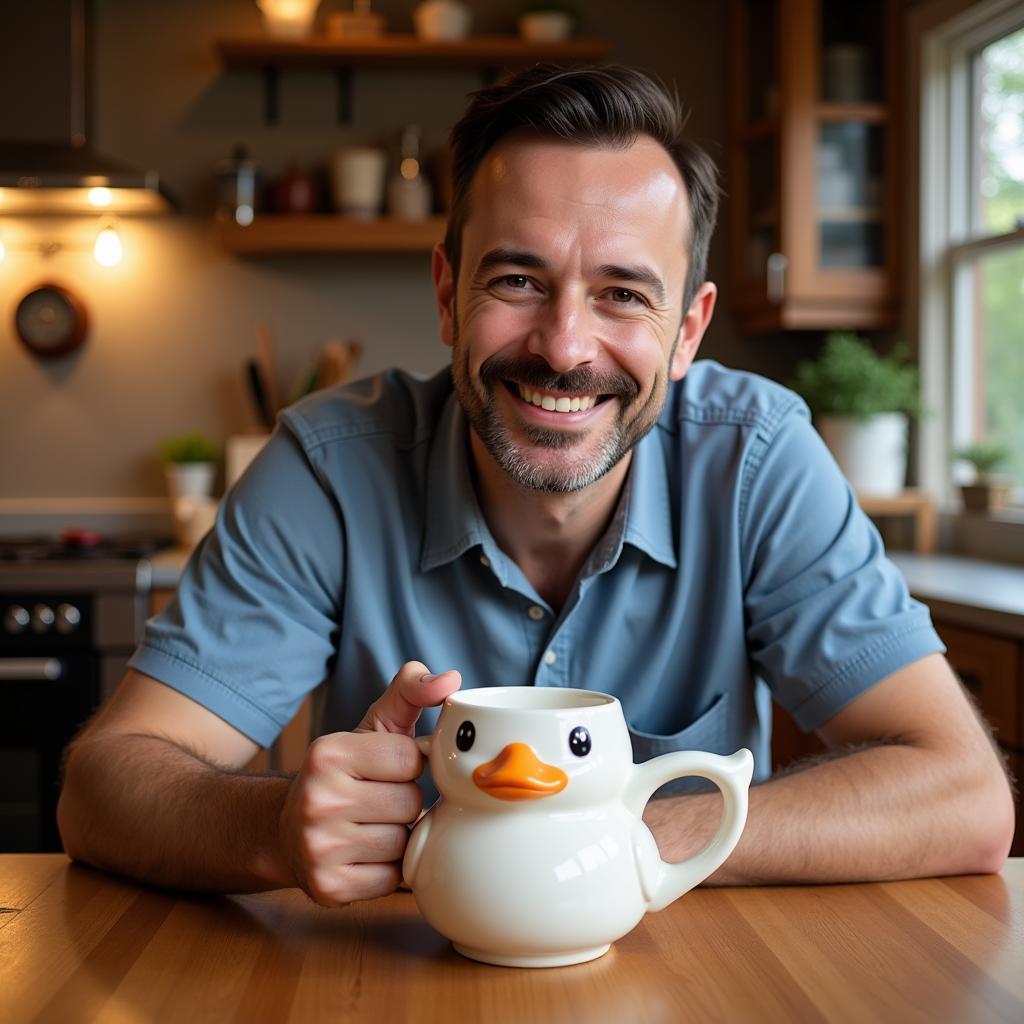 Enjoying Coffee in a Duck Mug