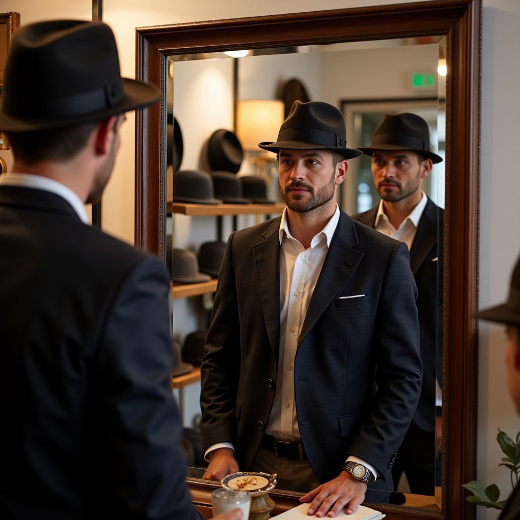 A man trying on different styles of Dobbs hats