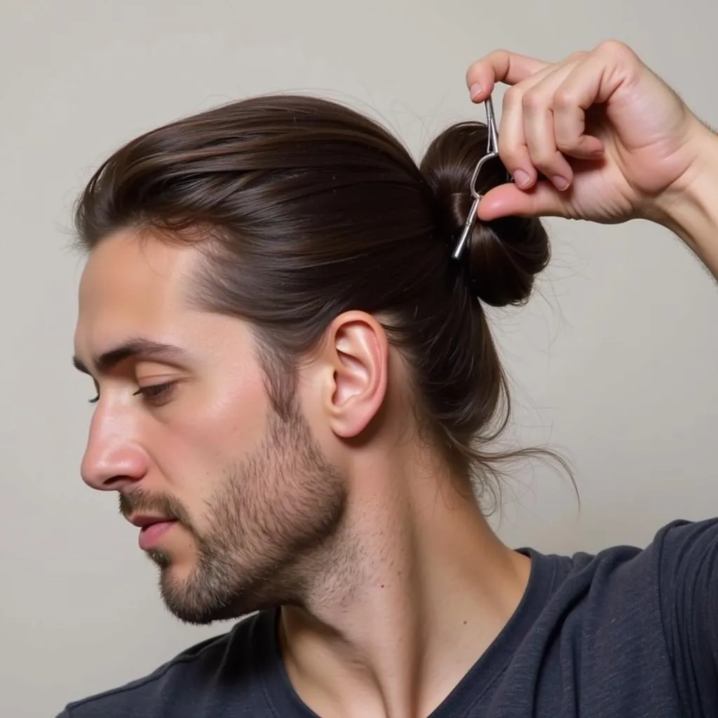 Man Styling Hair with Metal Hair Stick