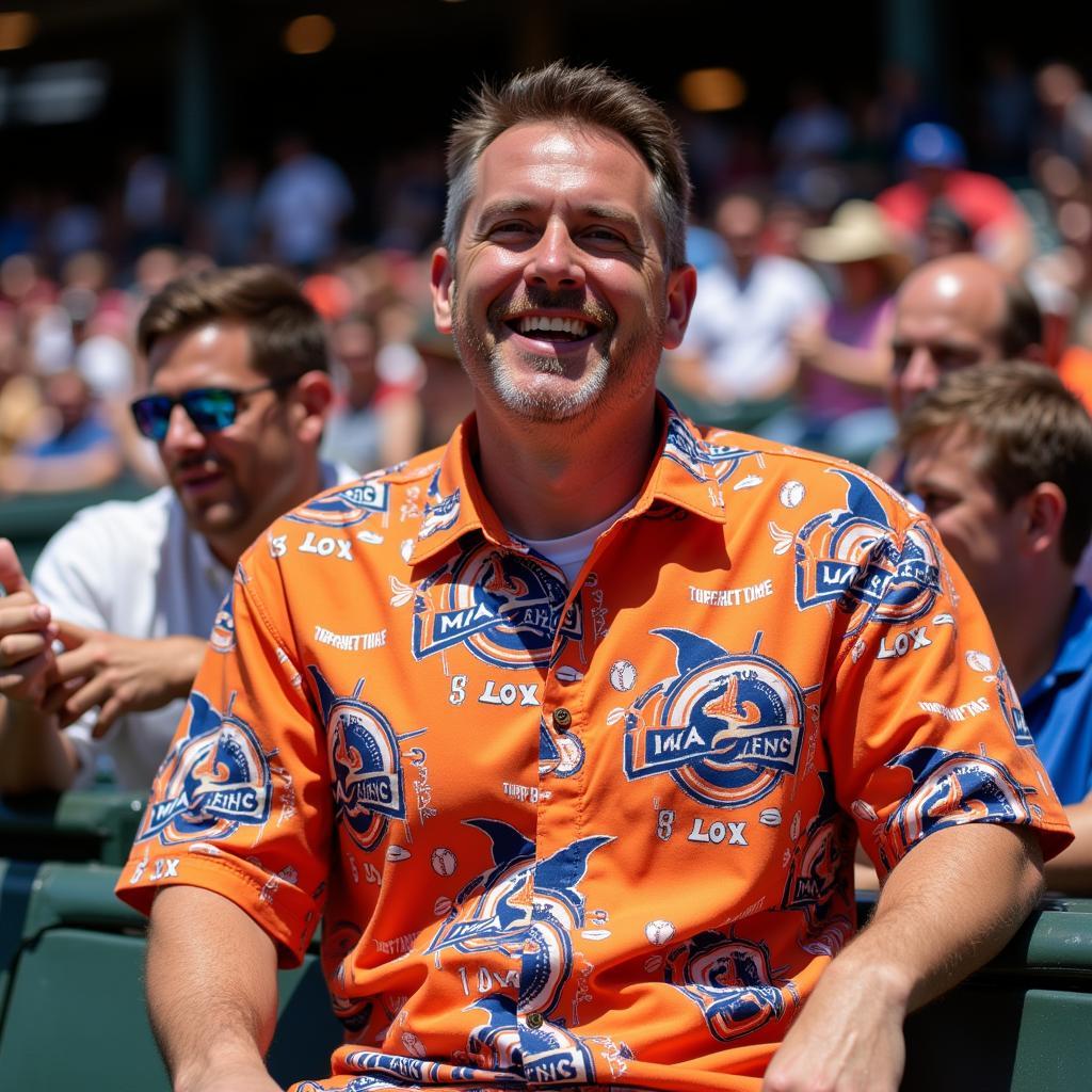 Man Sporting a Hawaiian Baseball Shirt at a Baseball Game