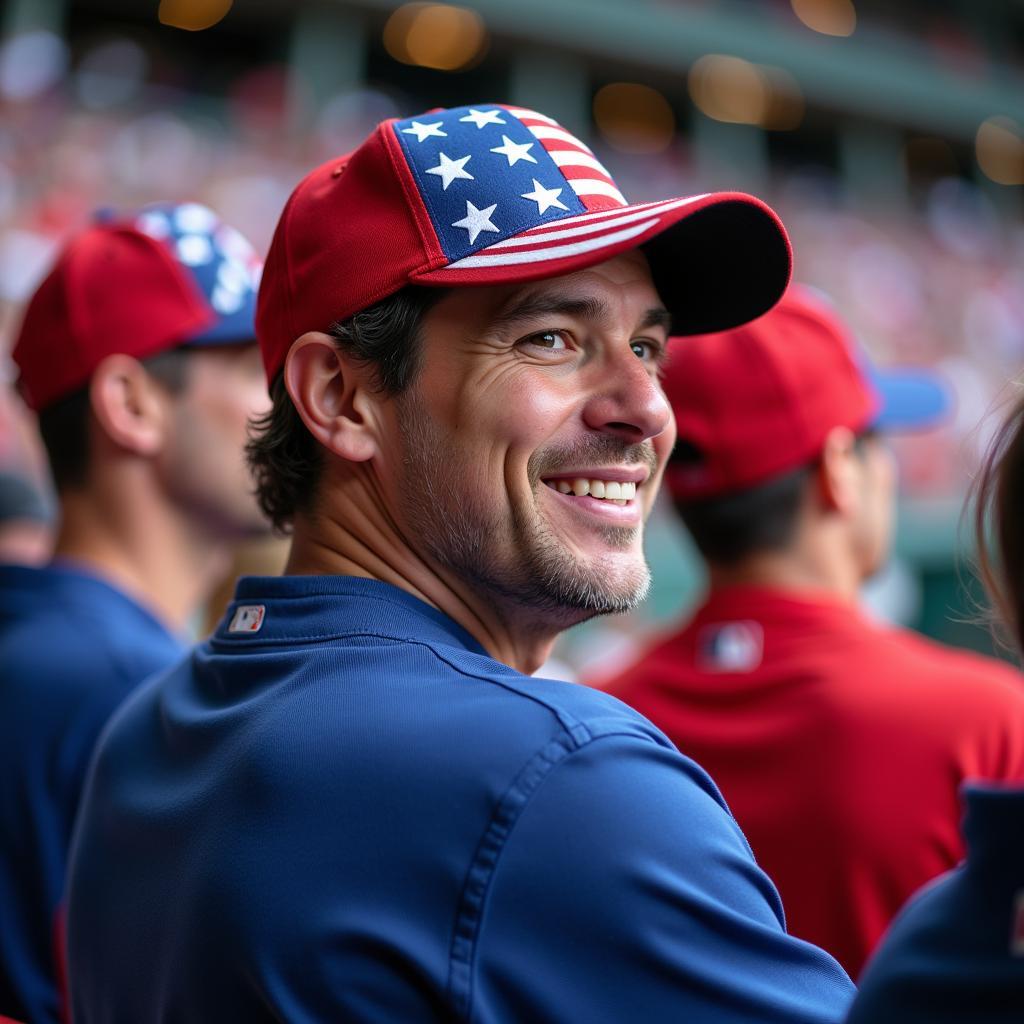 A man sporting an American flag baseball hat at a crowded baseball game