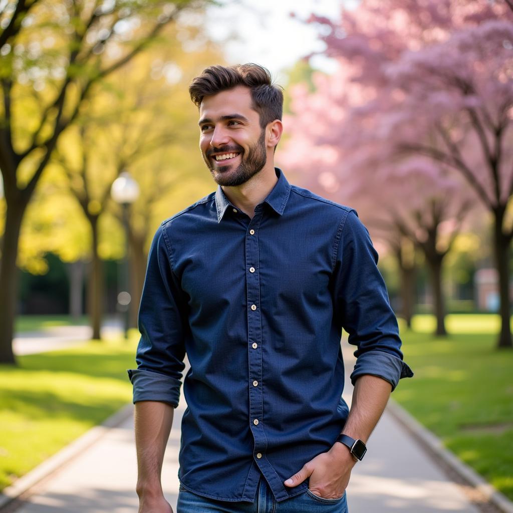 Man Wearing Cherry Blossom Shirt in Park