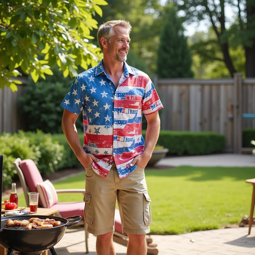 Man Wearing Fourth of July Hawaiian Shirt at a BBQ