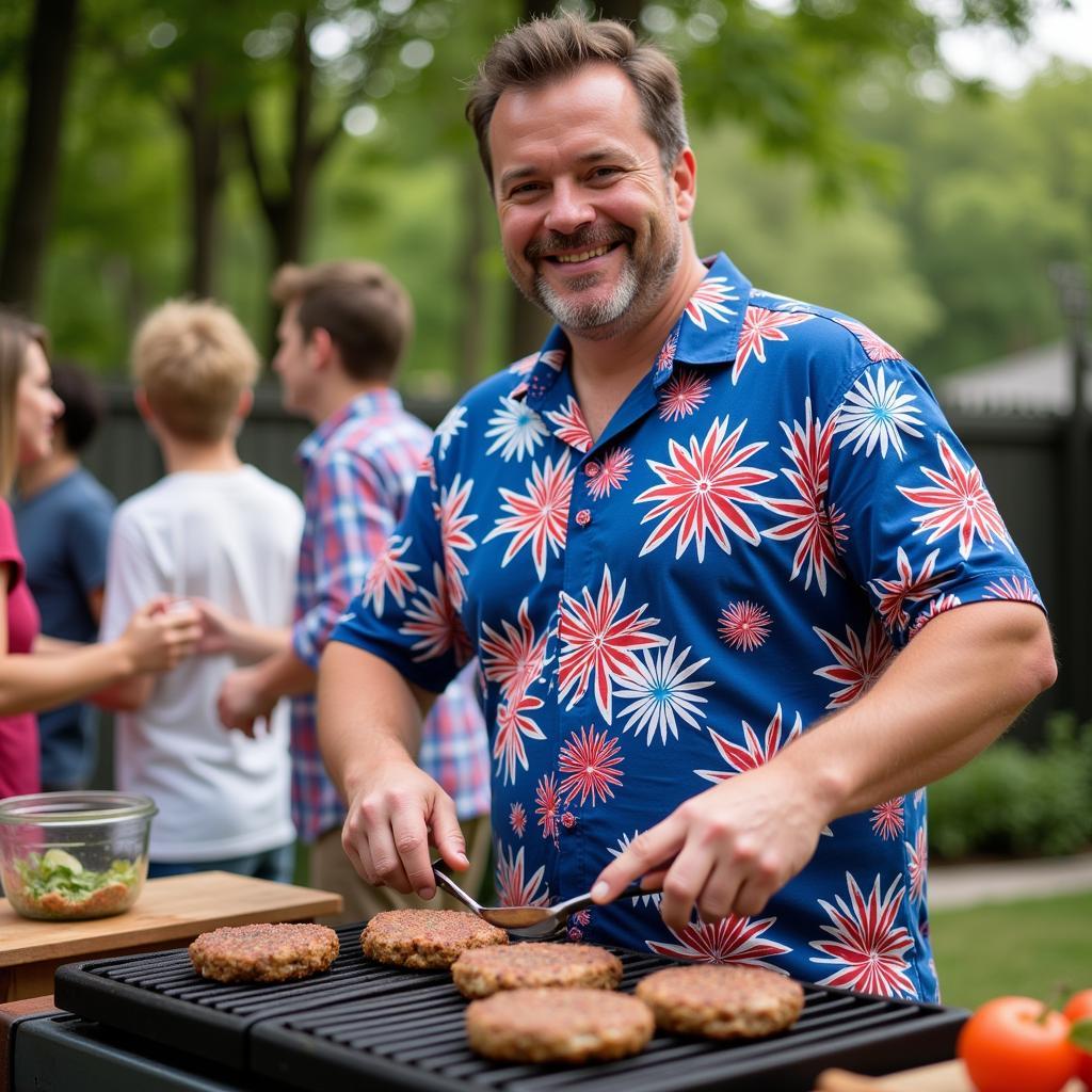 Man Wearing Fourth of July Hawaiian Shirt at BBQ