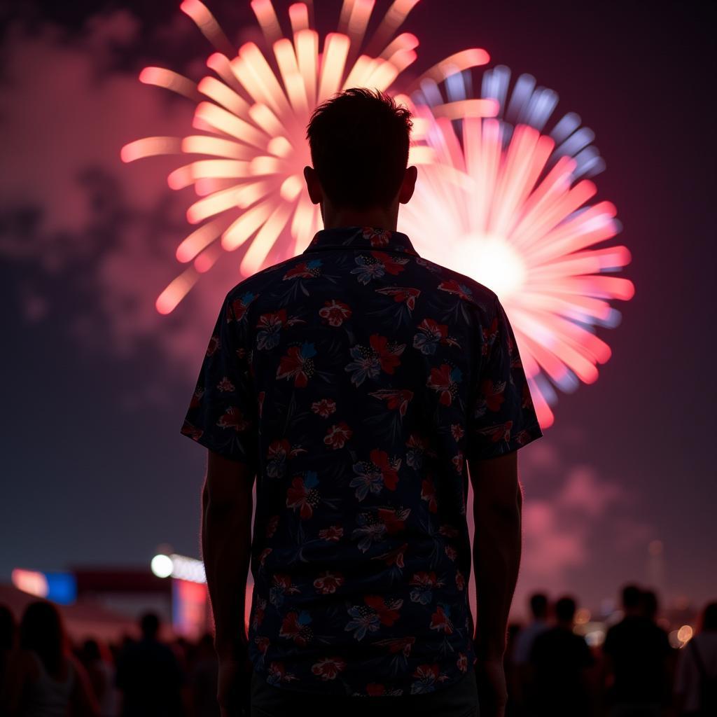 Man wearing Hawaiian Fourth of July shirt watching fireworks