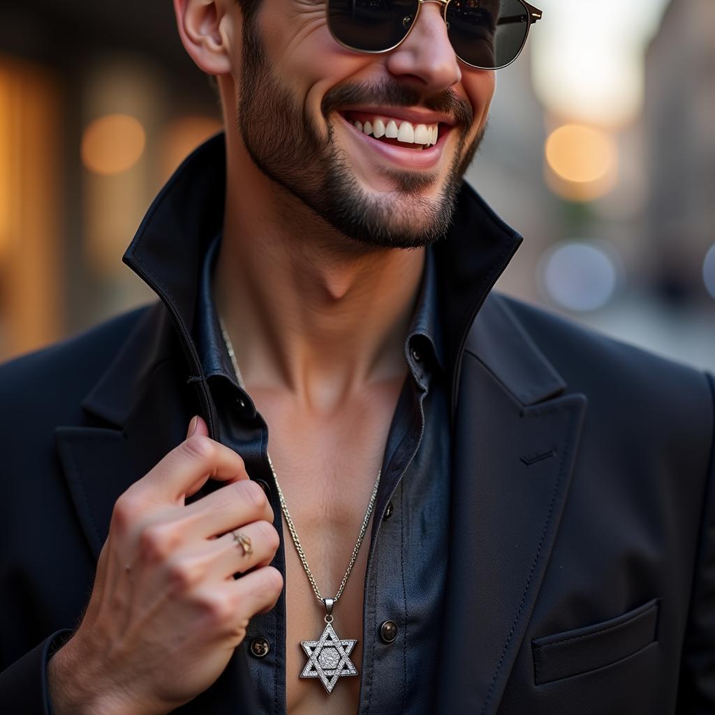 a man confidently wearing an iced out star of david pendant