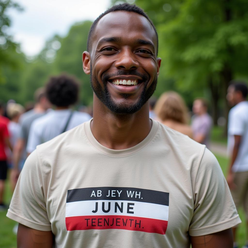 A man smiling while wearing a Juneteenth t-shirt at a park