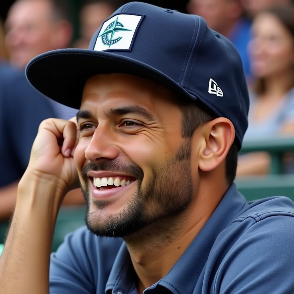 A man sporting a Mariners fitted hat with a patch