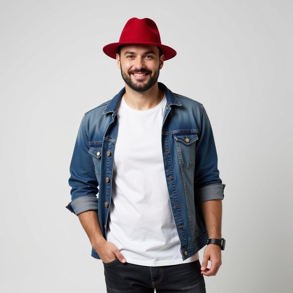 A man wearing a red fedora hat with a casual outfit.