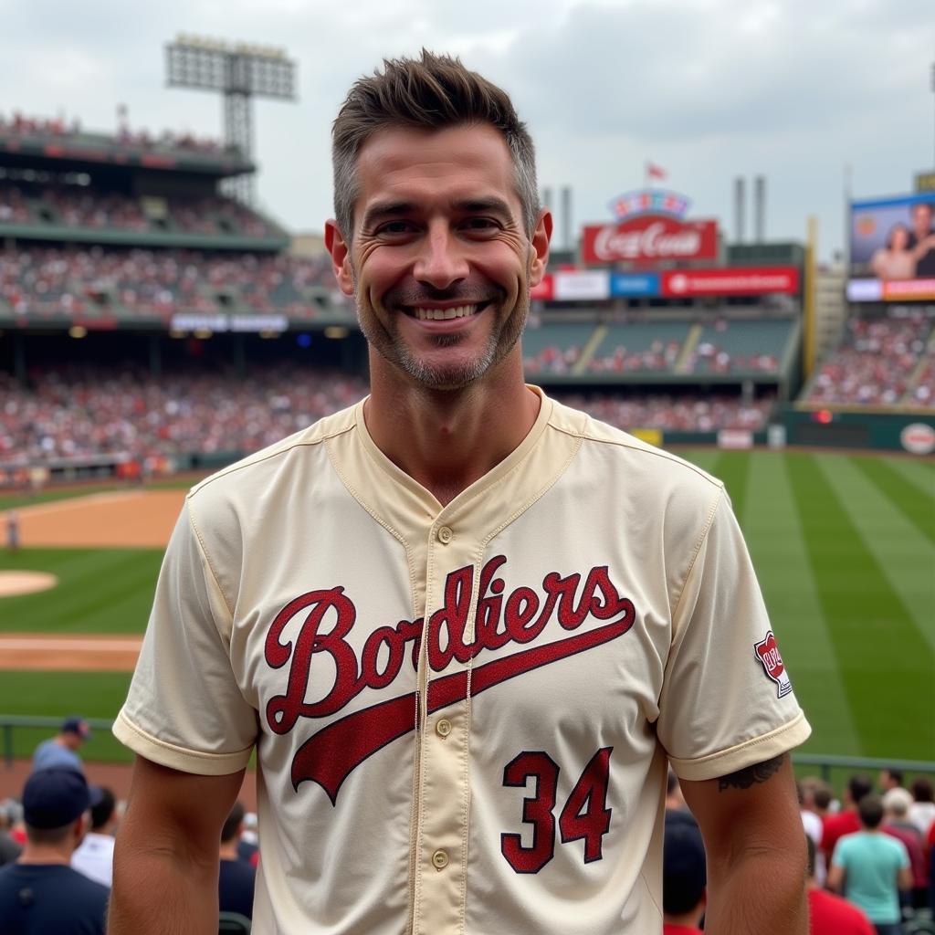 Man Wearing Vintage Baseball Tee at Ballpark