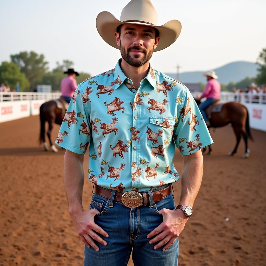 Man Sporting a Western Hawaiian Shirt at a Rodeo