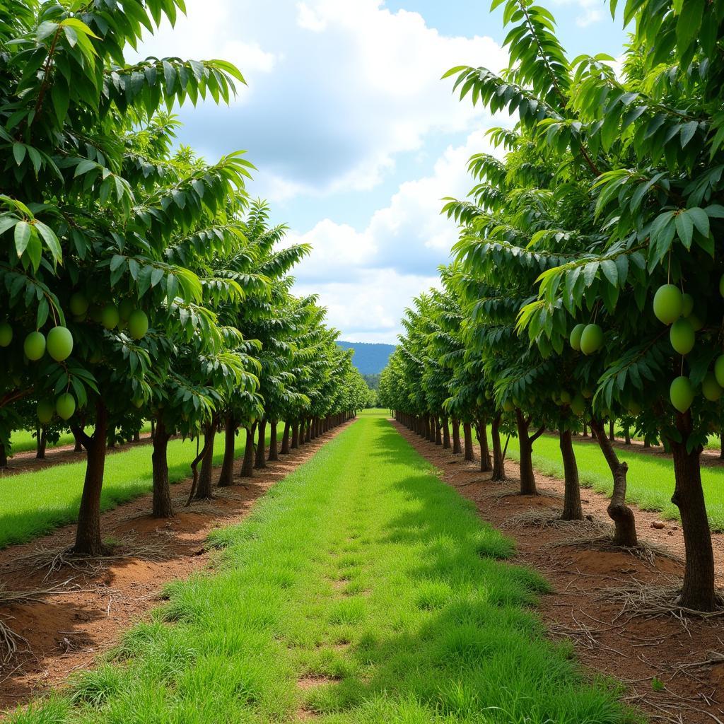 Rows of mango trees in an orchard