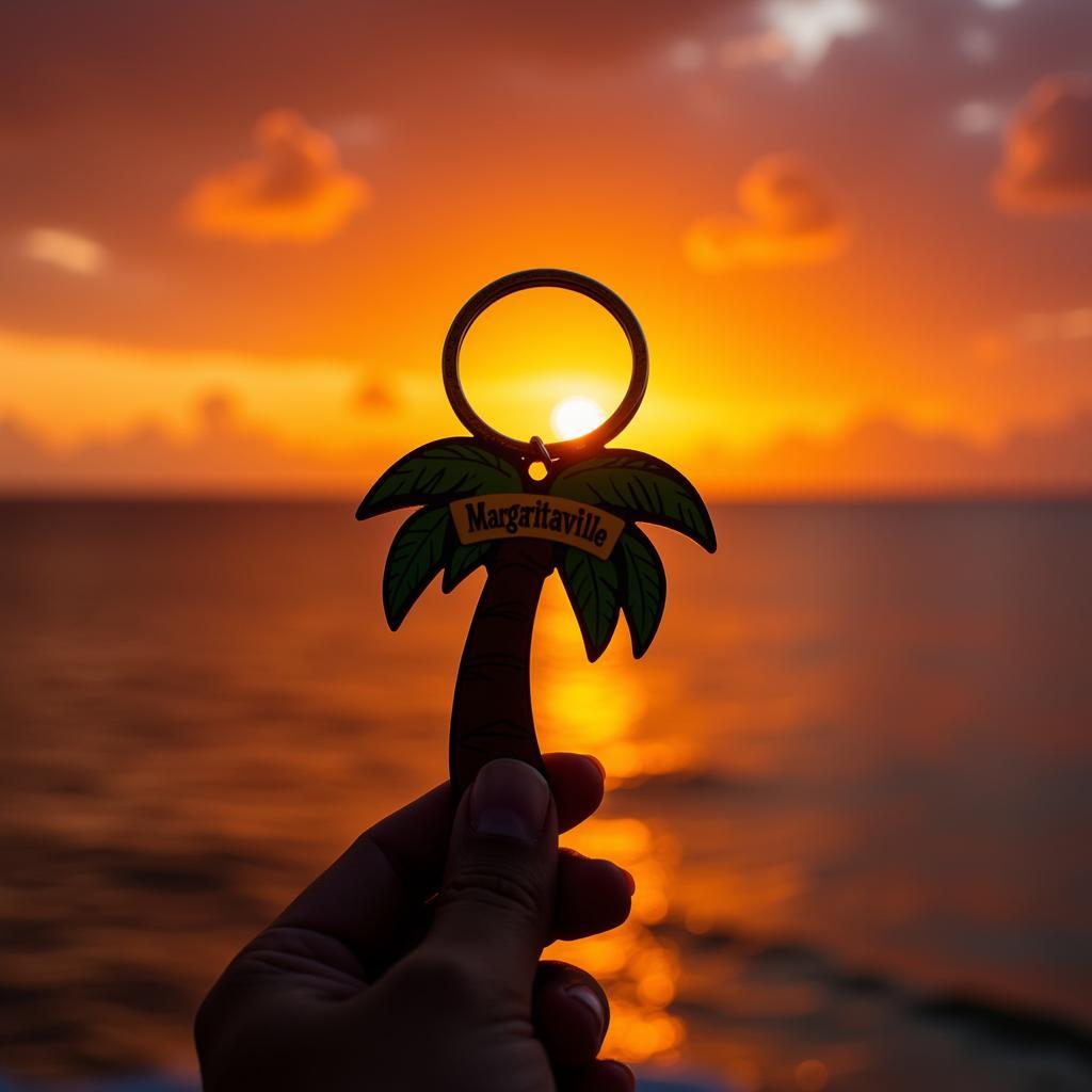 A hand holds a Margaritaville keychain against a sunset backdrop