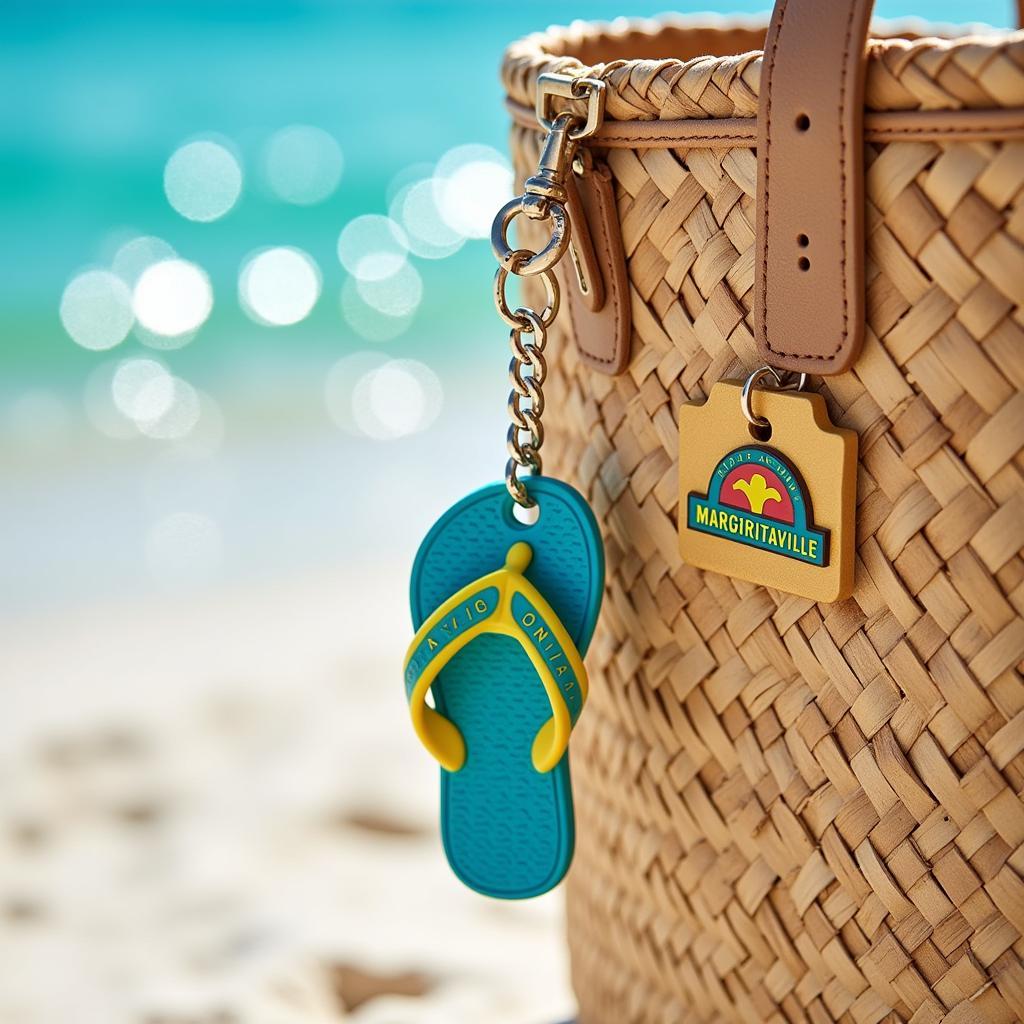 A Margaritaville keychain hanging from a beach bag zipper