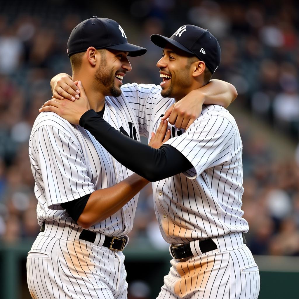 Mariano Rivera and Derek Jeter celebrating a Yankees victory