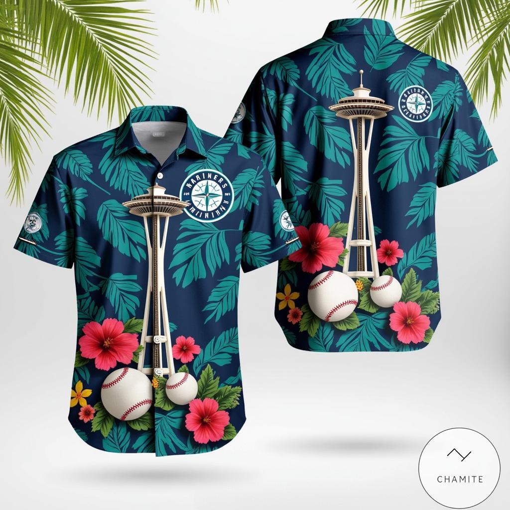 Close-up of a Seattle Mariners themed aloha shirt