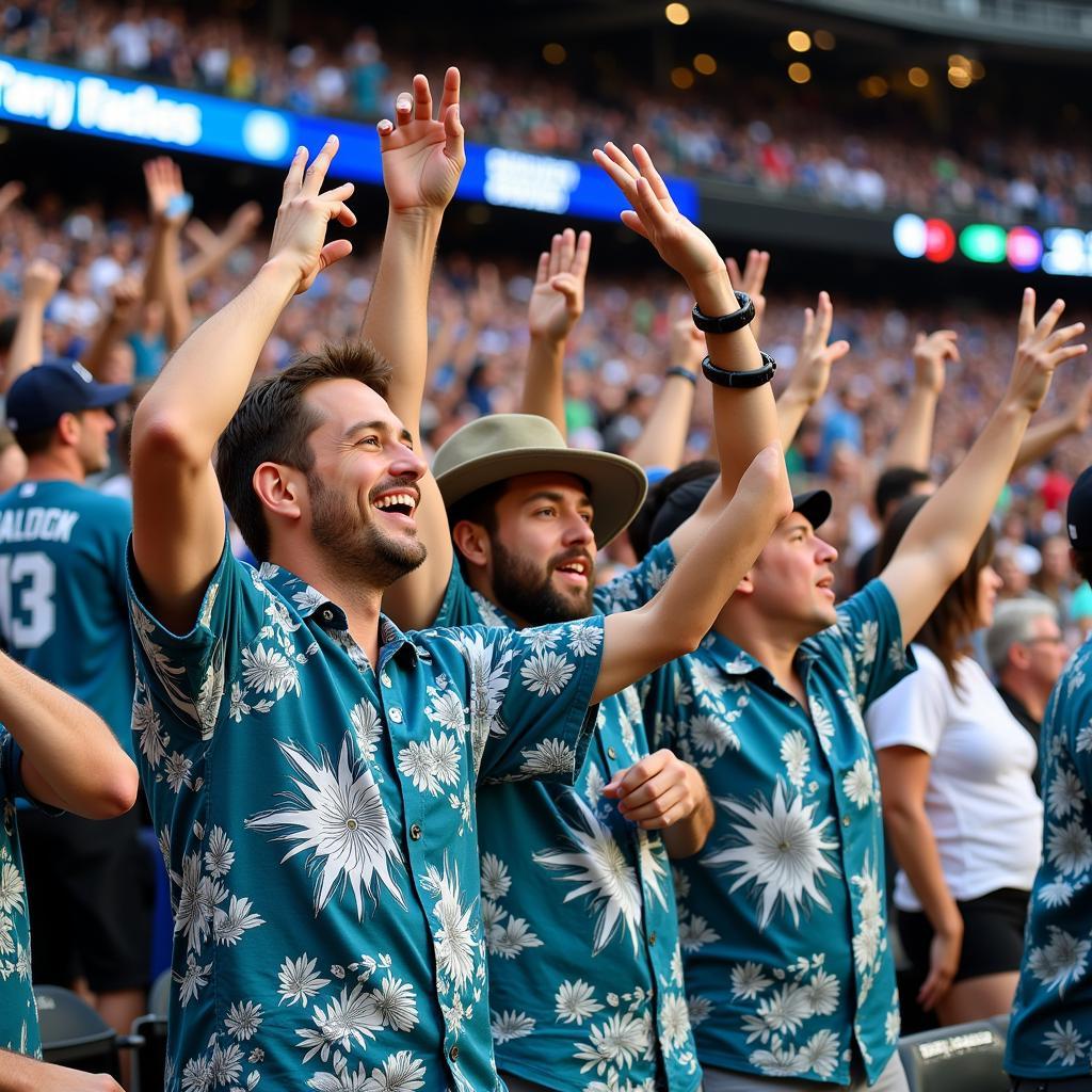 Fans sporting colorful Hawaiian shirts at a Mariners game