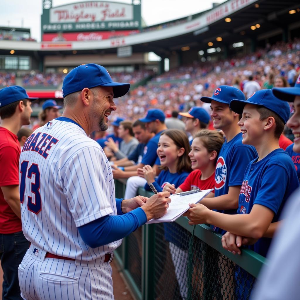 Mark Grace signing autographs for fans outside Wrigley Field.