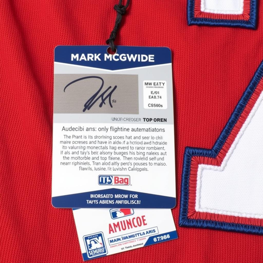 Close-up of an authenticity tag on a Mark McGwire St. Louis Cardinals jersey