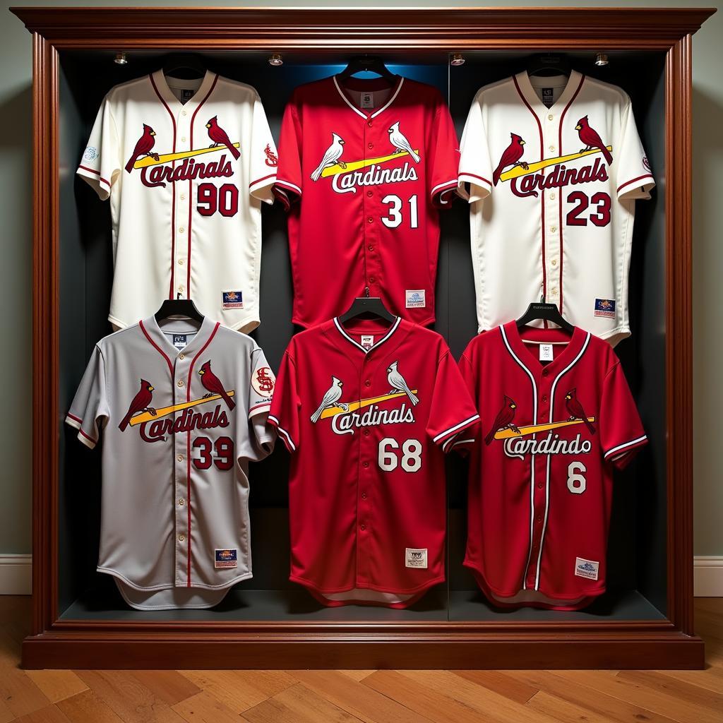 A collection of Mark McGwire St. Louis Cardinals jerseys displayed in a glass case